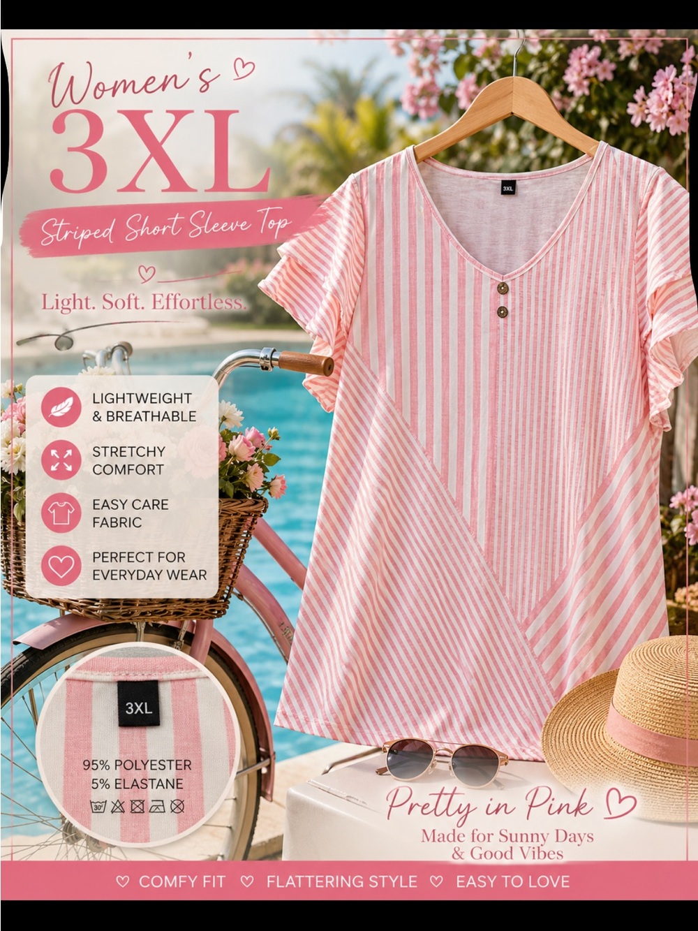 Pretty in Pink Striped Women's Short Sleeve Top - 3XL